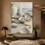 Coastal Oyster Still Life Kitchen Wall Art Canvas Print presented in a sophisticated home setting