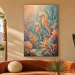 Coral Seahorses Underwater Wall Art Canvas Print showcased in an elegant minimalist interior