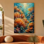 Clownfish Coral Reef Underwater Wall Art Canvas Print showcased in an elegant minimalist interior