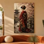 Red Kimono Sakura Garden Japanese Geisha Art Canvas Print showcased in an elegant minimalist interior