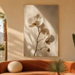 Minimal White Orchid Flower Wall Art Canvas Print showcased in an elegant minimalist interior