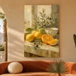 Citrus Olive Still Life Kitchen Wall Art Canvas Print showcased in an elegant minimalist interior