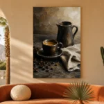Espresso Still Life Kitchen Wall Art Canvas Print showcased in an elegant minimalist interior