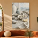 Coastal Oyster Still Life Kitchen Wall Art Canvas Print showcased in an elegant minimalist interior