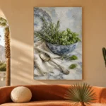 Porcelain Herb Still Life Kitchen Wall Art Canvas Print showcased in an elegant minimalist interior