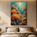Clownfish Coral Reef Underwater Wall Art Canvas Print showcased in an elegant minimalist interior