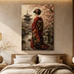 Red Kimono Sakura Garden Japanese Geisha Art Canvas Print showcased in an elegant minimalist interior