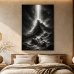 Stormlit Sea Rock Monochrome Wall Art Canvas Print showcased in an elegant minimalist interior