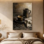 Espresso Still Life Kitchen Wall Art Canvas Print showcased in an elegant minimalist interior