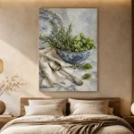 Porcelain Herb Still Life Kitchen Wall Art Canvas Print showcased in an elegant minimalist interior