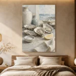 Coastal Oyster Still Life Kitchen Wall Art Canvas Print showcased in an elegant minimalist interior