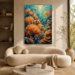 Clownfish Coral Reef Underwater Wall Art Canvas Print showcased in an elegant minimalist interior