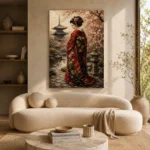 Red Kimono Sakura Garden Japanese Geisha Art Canvas Print showcased in an elegant minimalist interior