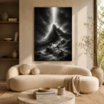 Stormlit Sea Rock Monochrome Wall Art Canvas Print showcased in an elegant minimalist interior