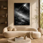 Mistbound Mountain Observatory Monochrome Wall Art Canvas Print showcased in an elegant minimalist interior