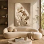 Minimal White Orchid Flower Wall Art Canvas Print showcased in an elegant minimalist interior