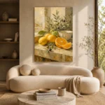 Citrus Olive Still Life Kitchen Wall Art Canvas Print showcased in an elegant minimalist interior