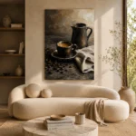 Espresso Still Life Kitchen Wall Art Canvas Print showcased in an elegant minimalist interior