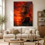 Crimson Tall Ship Sea Wall Art Canvas Print - Image 9
