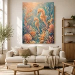 Coral Seahorses Underwater Wall Art Canvas Print showcased in an elegant minimalist interior