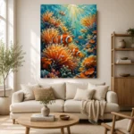 Clownfish Coral Reef Underwater Wall Art Canvas Print showcased in an elegant minimalist interior
