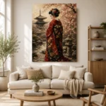 Red Kimono Sakura Garden Japanese Geisha Art Canvas Print showcased in an elegant minimalist interior