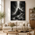 Stormlit Sea Rock Monochrome Wall Art Canvas Print showcased in an elegant minimalist interior