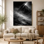 Mistbound Mountain Observatory Monochrome Wall Art Canvas Print showcased in an elegant minimalist interior