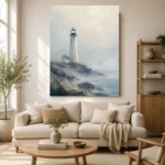 Coastal Lighthouse Dining Room Wall Art Canvas Print showcased in an elegant minimalist interior