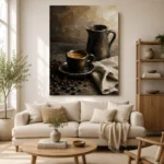 Espresso Still Life Kitchen Wall Art Canvas Print showcased in an elegant minimalist interior