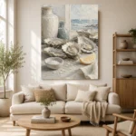 Coastal Oyster Still Life Kitchen Wall Art Canvas Print showcased in an elegant minimalist interior