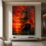 Crimson Tall Ship Sea Wall Art Canvas Print - Image 10