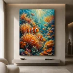 Clownfish Coral Reef Underwater Wall Art Canvas Print showcased in an elegant minimalist interior