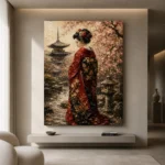 Red Kimono Sakura Garden Japanese Geisha Art Canvas Print showcased in an elegant minimalist interior