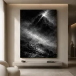 Mistbound Mountain Observatory Monochrome Wall Art Canvas Print showcased in an elegant minimalist interior