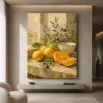 Citrus Olive Still Life Kitchen Wall Art Canvas Print showcased in an elegant minimalist interior