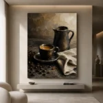 Espresso Still Life Kitchen Wall Art Canvas Print showcased in an elegant minimalist interior
