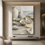 Coastal Oyster Still Life Kitchen Wall Art Canvas Print showcased in an elegant minimalist interior