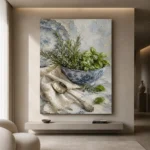 Porcelain Herb Still Life Kitchen Wall Art Canvas Print showcased in an elegant minimalist interior