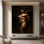 Chiaroscuro Male Figure Classical Nude Wall Art Canvas Print showcased in an elegant minimalist interior