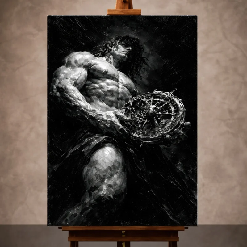 Atlas Monochrome Wall Art canvas print featuring mythological figure and celestial sphere for masculine interiors
