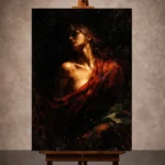 Tenebrism chiaroscuro portrait of a figure in red drapery, dramatic light on face and shoulder, dark museum-like background, oil texture.