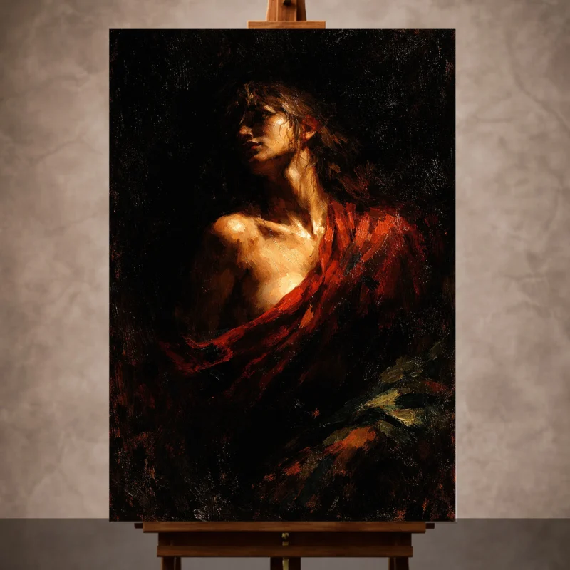 Tenebrism chiaroscuro portrait of a figure in red drapery, dramatic light on face and shoulder, dark museum-like background, oil texture.