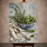 Porcelain Herb Still Life Kitchen Wall Art Canvas Print showcased in an elegant minimalist interior
