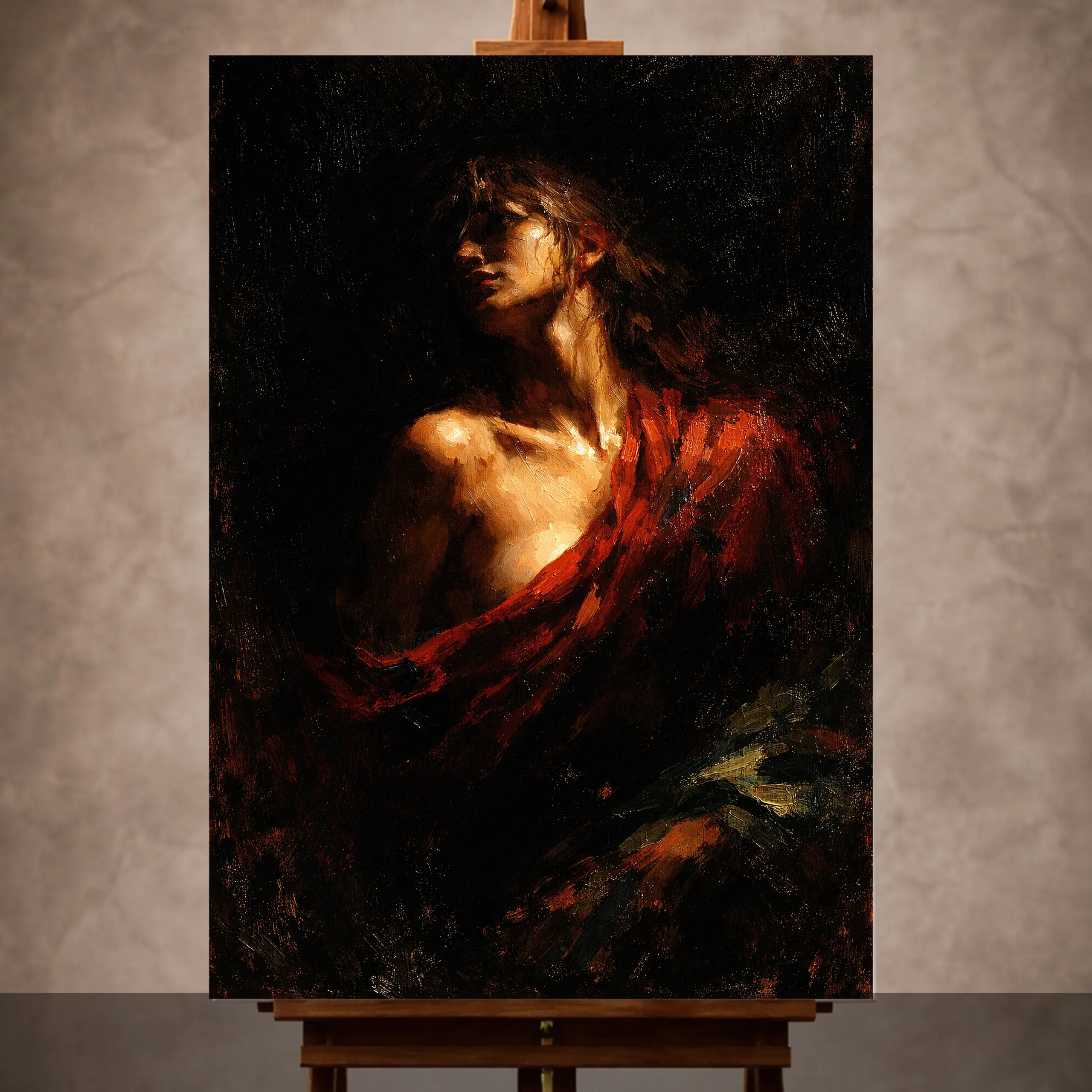 Full MocvkapPinterest Art Work Tenebrism chiaroscuro portrait of a figure in red drapery, dramatic light on face and shoulder, dark museum-like background, oil texture.