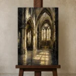 Gothic Cathedral Interior Gothic Wall Art Canvas Print displayed on a studio easel