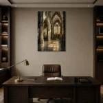 Gothic Cathedral Interior Gothic Wall Art Canvas Print displayed in a contemporary gallery-inspired room