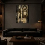 Gothic Cathedral Interior Gothic Wall Art Canvas Print shown in a warm modern interior