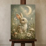 Moonlit Bunny Kids Room Wall Art Canvas Print displayed on a studio easel