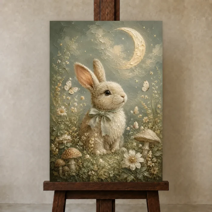 Moonlit Bunny Kids Room Wall Art Canvas Print displayed on a studio easel